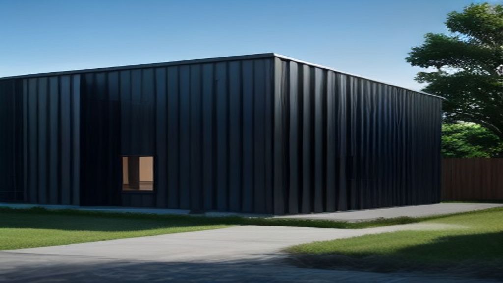 Contemporary house with vertical metal wall cladding.
